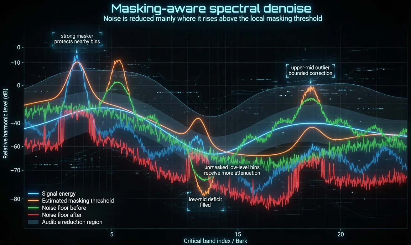 Masking-aware spectral denoise on the Bark scale