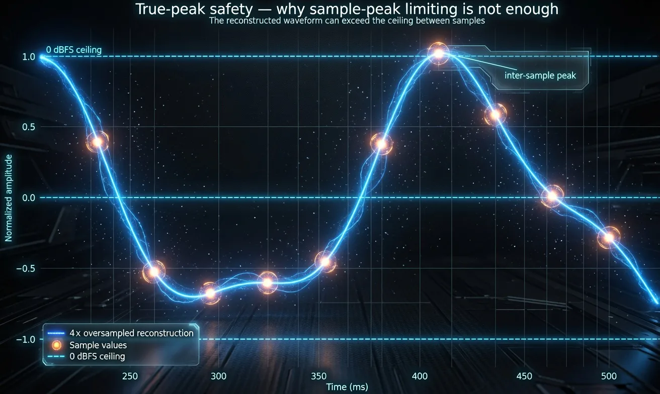 Inter-sample peak exceeding the 0 dBFS ceiling between samples